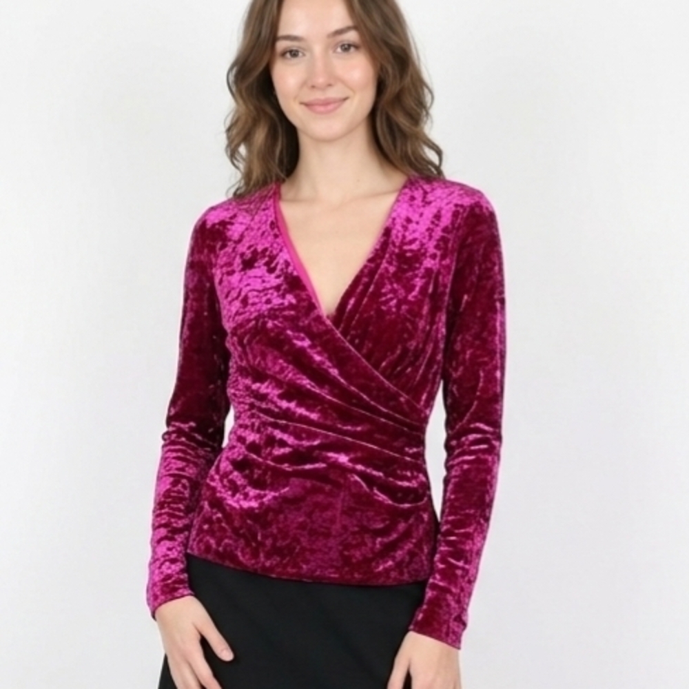 Nicole Miller Artelier Crushed Velvet Wrap Top NWT Size S Magenta Berry
